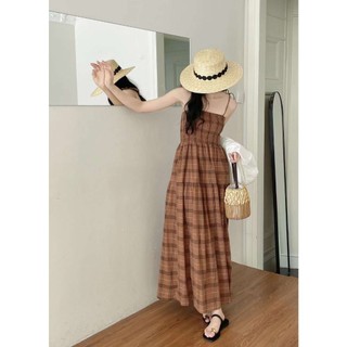 Đầm dây cột nơ vai họa tiết kẻ ô freesize - Lyn's Closet