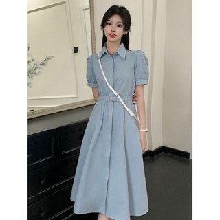 (Order) Váy sơ mi dáng dài qua gối xanh da trời tay phồng tiểu thư kèm thắt lưng