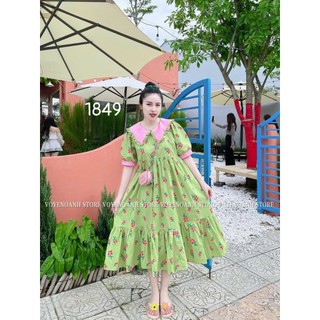 Váy đầm bầu hoa nhí cổ nhọn tay phồng dáng babydoll màu hồng và màu xanh nhẹ nhàng, váy đầm bầu mặc hè