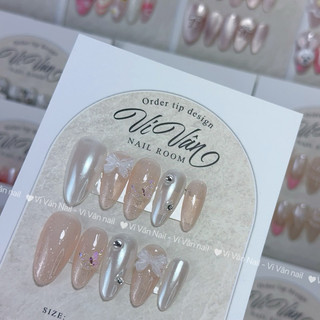Nail box thạch cam nhũ phối nơ trắng, móng giả học sinh