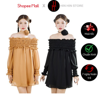 Đầm bẹt vai tay dài HDT309 babydoll ngắn nhún thun màu đen - màu nâu Hỉn Hỉn Store