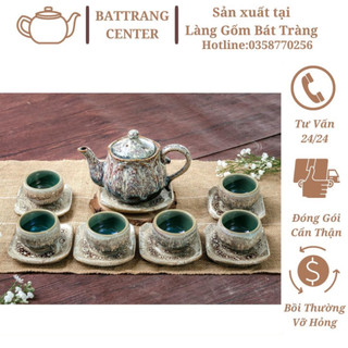 (SIÊU HOT)Bộ Ấm Chén Pha Trà Hoả Biến Bát Tràng-hàng nhà lò giá tận gốc,men Nham Thạch dáng ấm Sen