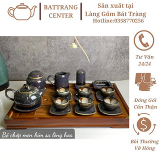 Bộ Ấm Chén Pha Trà Hoả Biến Bát Tràng-hàng nhà lò giá tận gốc,men Kim Sa dáng ấm Chóp