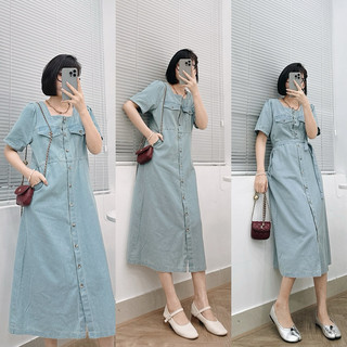 Váy Denim cổ U dáng dài kèm belt kiểu dáng suông basic Hàn quốc dễ mặc