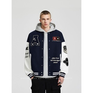 Áo khoác bomber varsity jacket achock little devil nam nữ-áo khoác bóng chày unisex nỉ dạ tay da logo thêu 2 lớp