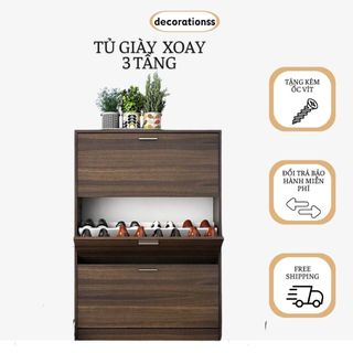 Tủ giày xoay 3 ngăn, kệ để giày chất liệu DMF, kệ giày gỗ ép