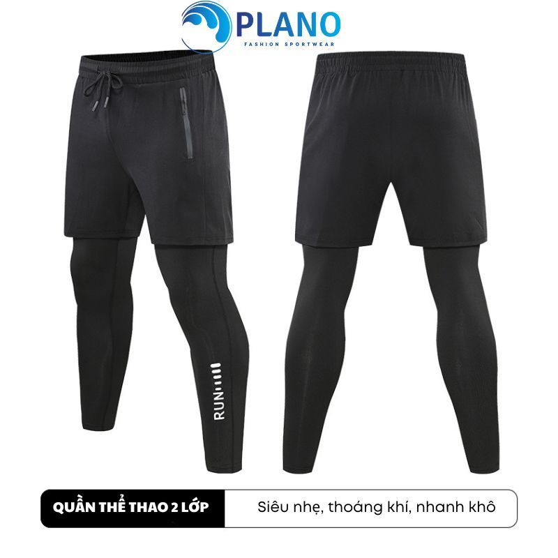 Quần tập gym nam 2 lớp, quần chạy bộ nam có túi khoá đựng điện thoại PLANO Quần thể thao nam dáng dài cao cấp KP039