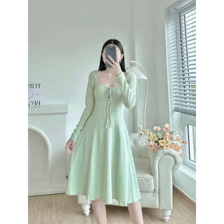 Đầm Thắt Dây Cổ Thiết Kế Sarah Chất Thun Hàn Tay Dài Dáng Xòe Dài Thanh Lịch