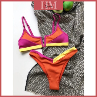 Bikini 2 mảnh phối màu chất gân cổ áo kiểu chữ V - Video Thật + Ảnh Thật