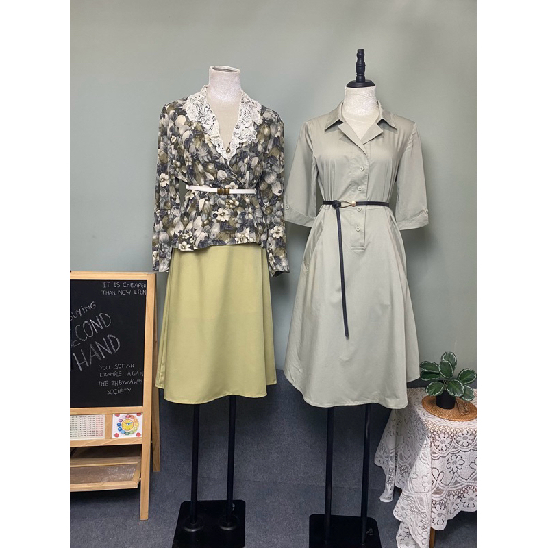 Đầm sơ mi 2hand/ Sơ mi kiểu hàn quốc 2hand/ chân váy lụa xanh bơ 2hand
