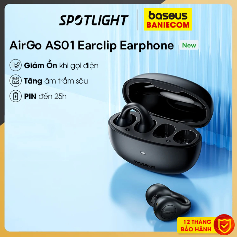 Tai nghe Bluetooth Baseus AirGo AS01 Open - Ear True Wireless 5.3 đeo vành tai Pin tai 6h, cốc sạc 25h chống ồn ENC