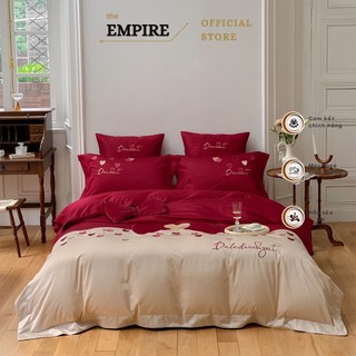 Bộ chăn ga phòng cưới lụa 100s cao cấp EMPIRE họa tiết thêu tone đỏ sang trọng tân hôn - Bình Châu Bedding & Decor