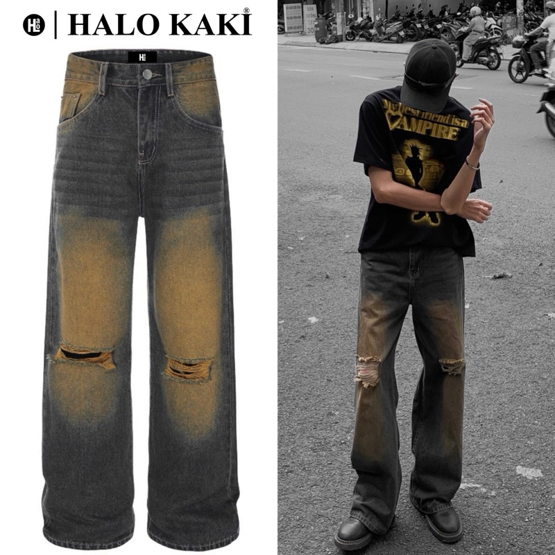QUẦN JEANS BAGGY WASH NÂU VÀNG TRƠN/RÁCH - QUẦN JEANS WASH (NÂU VÀNG) VINTAGE RÁCH GỐI ỐNG RỘNG PHỦ GÓT - HALO KAKI | BigBuy360 - bigbuy360.vn
