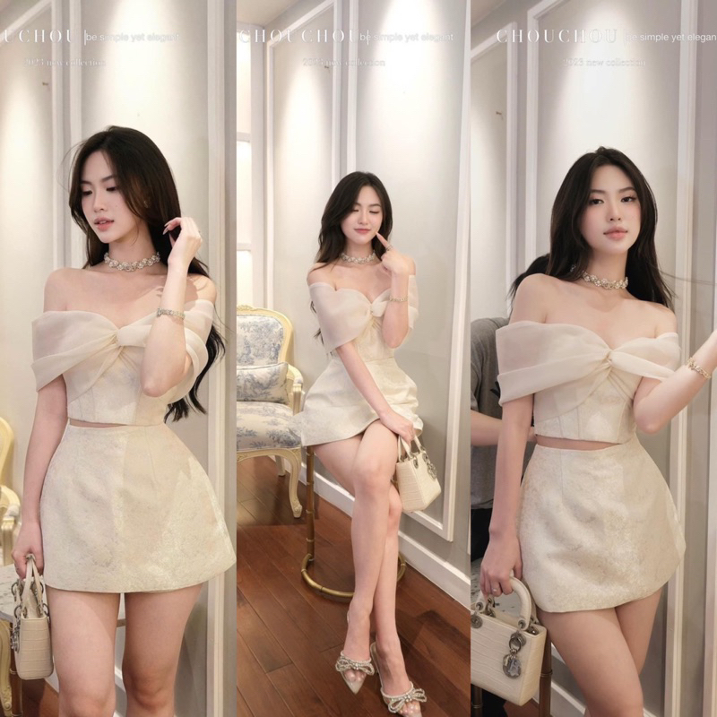 [S2.605] Set Gấm Áo Trễ Vai Phối Tơ Kính Mix Chân Váy Chữ A Có Lót Quần (Có Đệm Ngực) | BigBuy360 - bigbuy360.vn