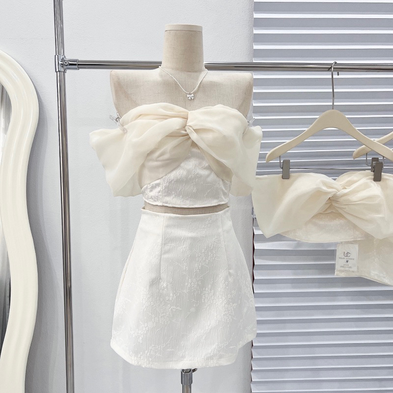 [S2.605] Set Gấm Áo Trễ Vai Phối Tơ Kính Mix Chân Váy Chữ A Có Lót Quần (Có Đệm Ngực) | BigBuy360 - bigbuy360.vn