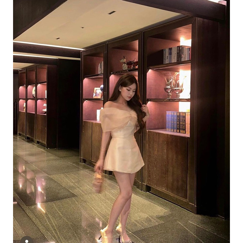 [S2.605] Set Gấm Áo Trễ Vai Phối Tơ Kính Mix Chân Váy Chữ A Có Lót Quần (Có Đệm Ngực) | BigBuy360 - bigbuy360.vn