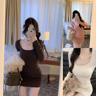 Váy ngắn cổ U kèm ĐỆM NGỰC dài tay ôm body tôn dáng Y2K basic dễ phối tôn dáng xuân thu siêu xinh