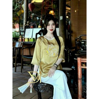 Set bộ bà ba thêu thời trang nữ mặc đi lễ chùa chất nhung cổ tròn viền tay lỡ quần dài ống rộng cực xinh