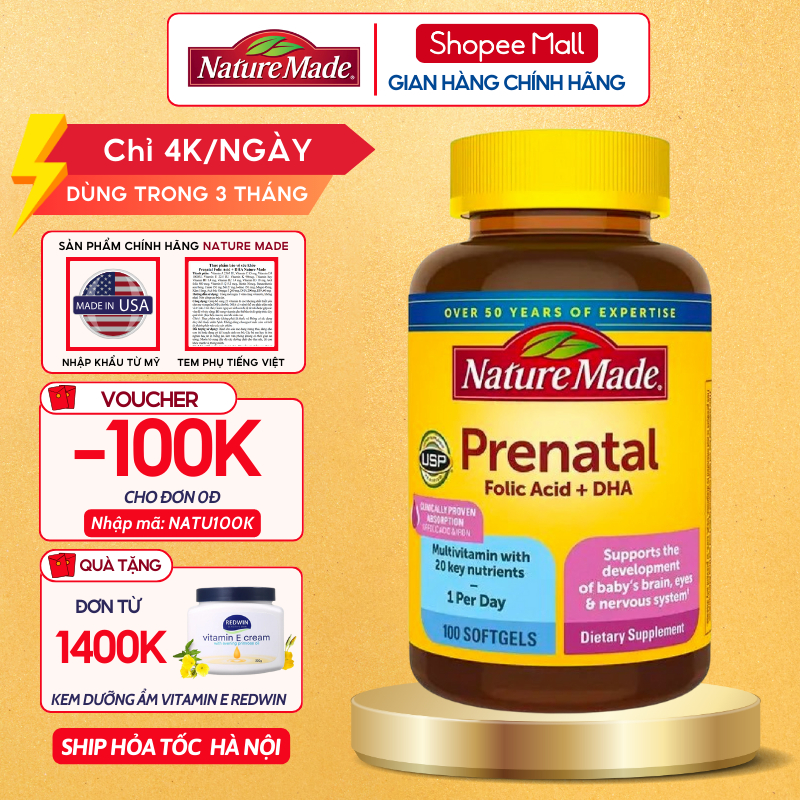 Vitamin bà bầu Nature Made Prenatal Folic Acid + DHA giúp bổ sung đầy đủ dưỡng chất cho mẹ và bé hộp 100 viên của Mỹ