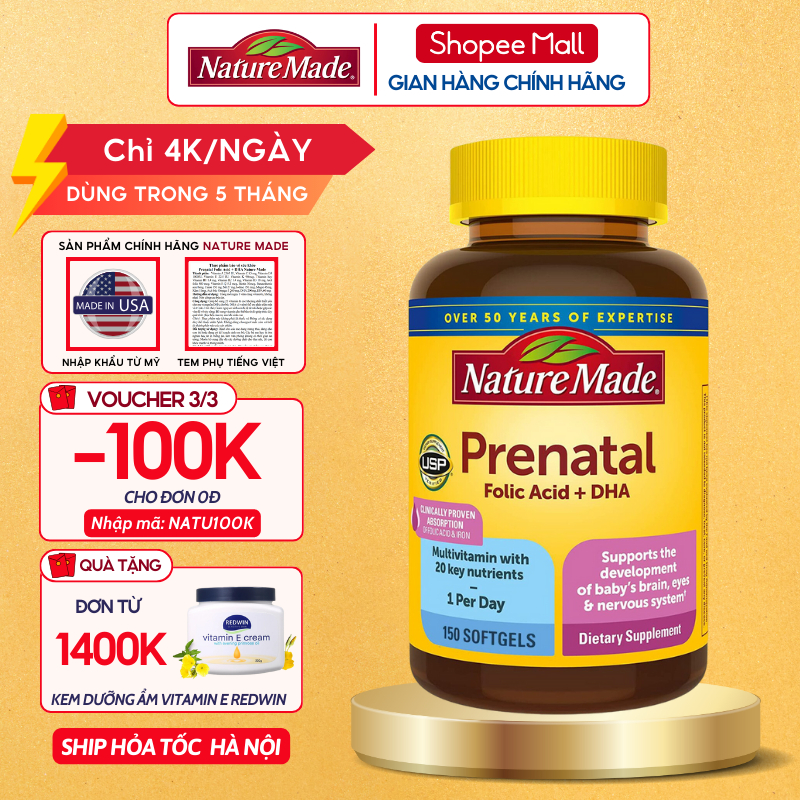 Vitamin tổng hợp bầu Nature Made Prenatal Folic Acid + DHA giúp phòng chống dị tật và phát triển hệ thần kinh thai nhi
