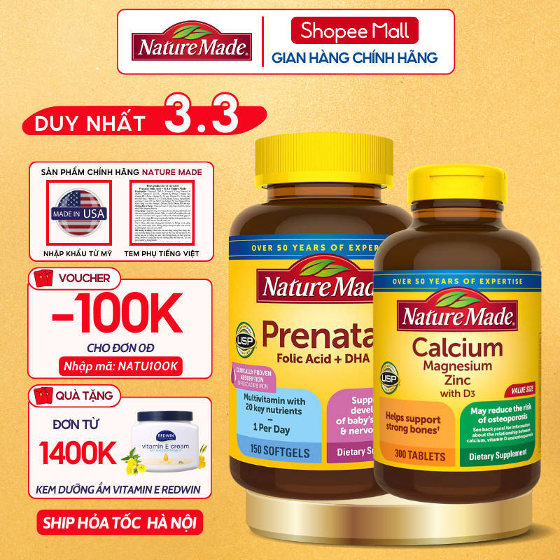 Combo cho mẹ bầu và sau sinh Canxi hữu cơ và Vitamin tổng hợp Nature Made bổ sung dưỡng chất thai kì và lợi sữa sau sinh