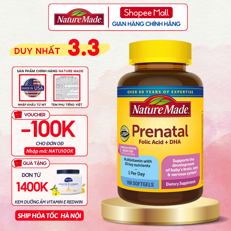 Vitamin cho bà bầu Nature Made Prenatal Folic Acid + DHA giúp bổ sung vitamin và khoáng chất cho mẹ và bé suốt thai kì