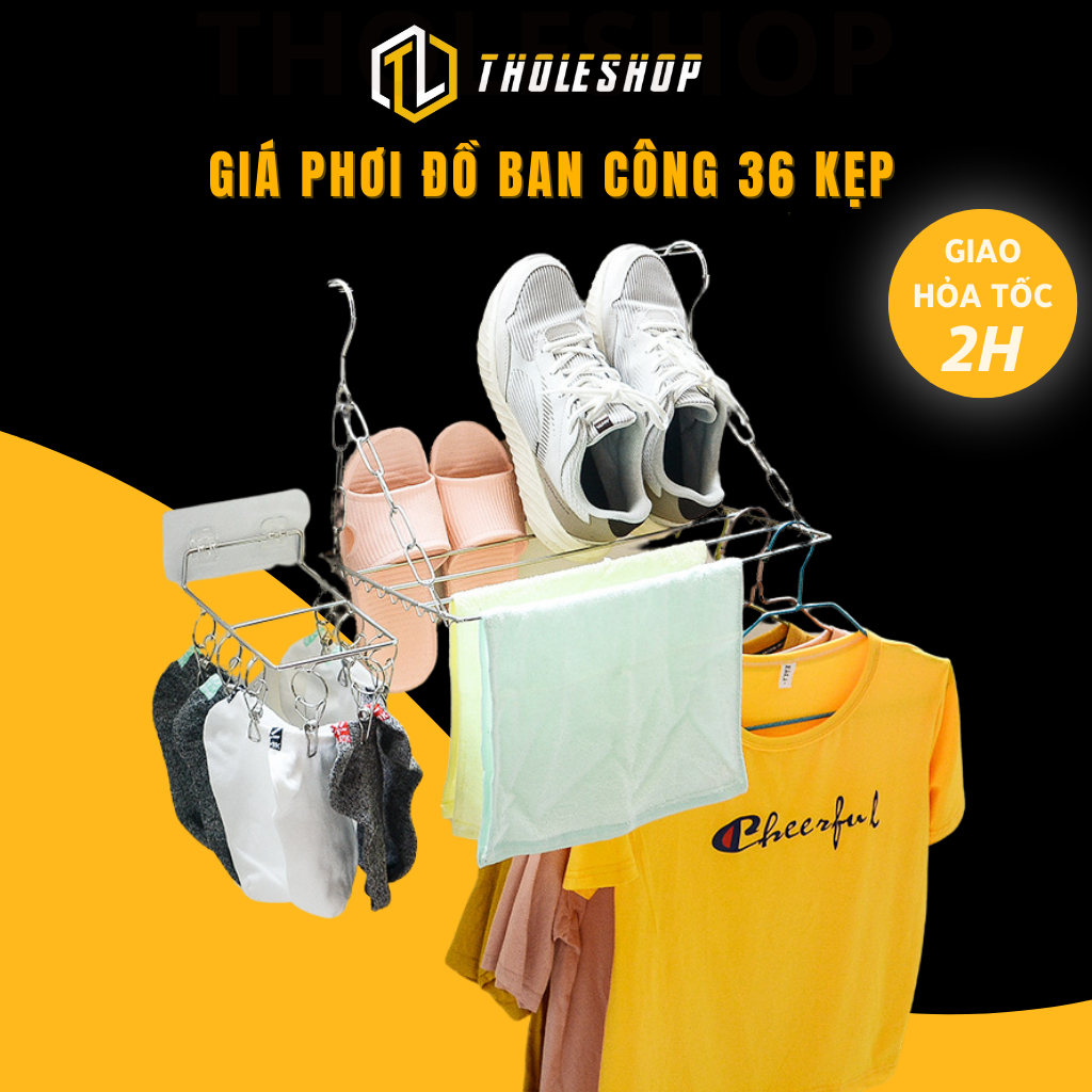Giá Phơi Quần Áo, Phơi Giày Treo Ban Công Inox 36 Kẹp Đồ Lót Tiện Dụng GIGAHOMEVN 9489