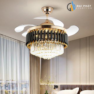 Quạt Trần Đèn Cụp Xòe Pha Lê Vàng Đen Động Cơ DC 6 Số, 3 Chế Độ Sáng Trang Trí Phòng Khách (Bảo Hành 2 Năm)