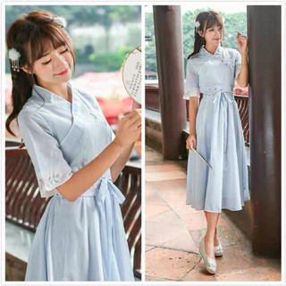 Đầm váy 2hand dáng Hán phục cách tân xanh biển thêu hoa nổi vải đẹp