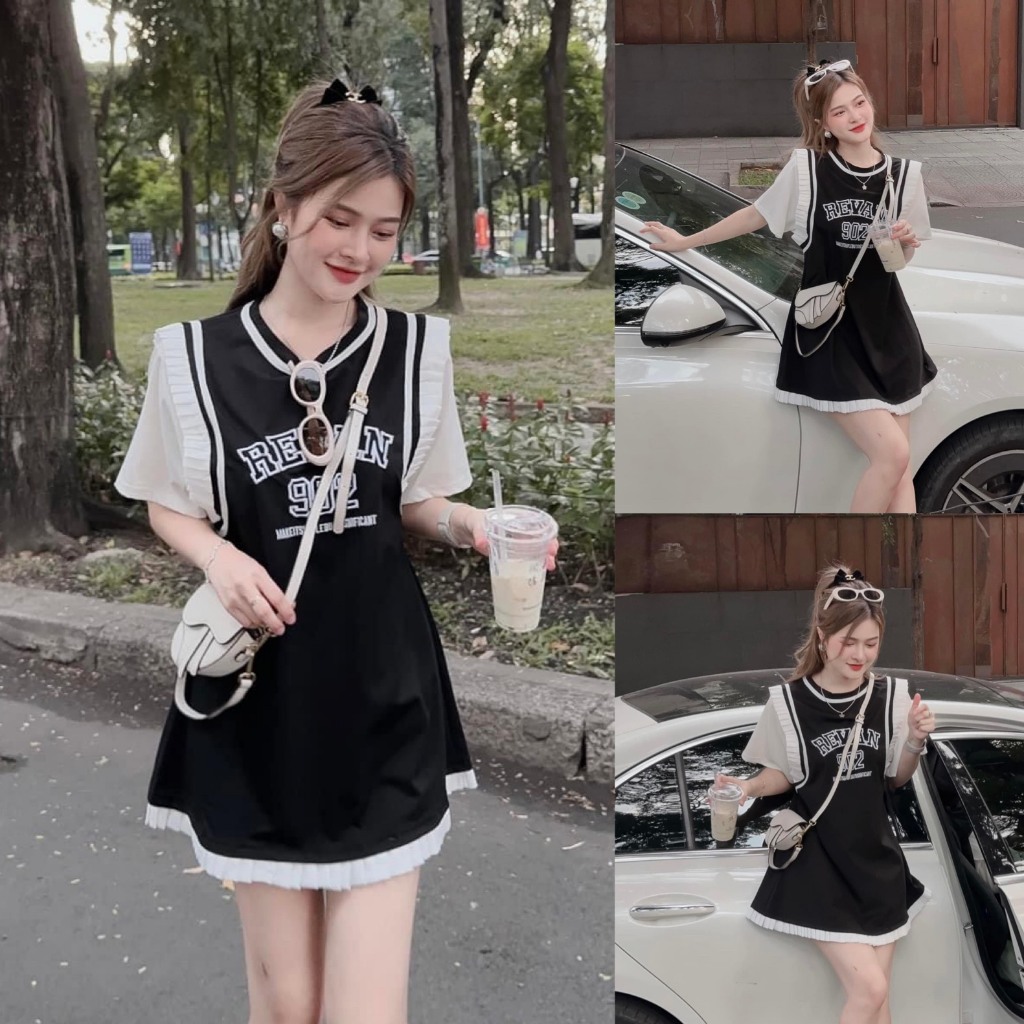 Đầm váy nữ babydoll xòe thêu chữ phối viền trắng xinh xắn, năng động dành cho các nàng diện đi chơi