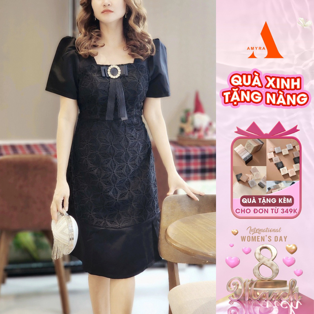 (XÃ KHO) Váy Công Sở Dự Tiệc Sang Trọng Bigsize AMYRA, Thiết Kế Dáng Chữ A Đứng Form Tay Phồng Phối Nơ Cao Cấp DA024