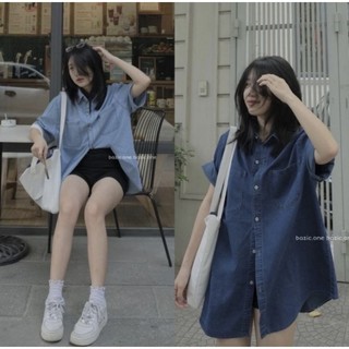 Áo sơ mi jeans denim tay lửng metwo.dearu - áo khoác bò 2 túi ngực oversize tay lửng form rộng ulzzang hàn quốc