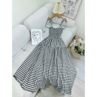 Đầm maxi caro cúp ngực dáng dài