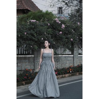 Đầm maxi caro cúp ngực dáng dài