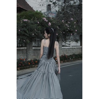 Đầm maxi caro cúp ngực dáng dài