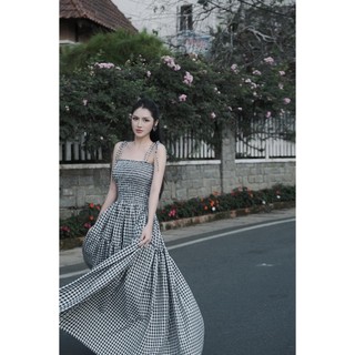 Đầm maxi caro cúp ngực dáng dài