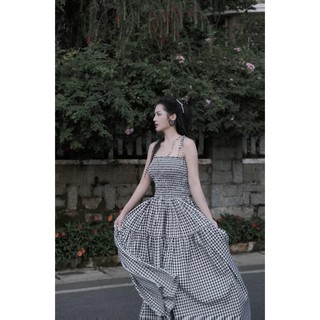 Đầm maxi caro cúp ngực dáng dài