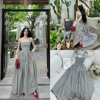 Đầm maxi caro cúp ngực dáng dài