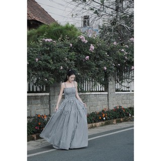 Đầm maxi caro cúp ngực dáng dài