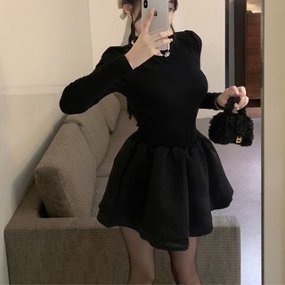 [3.3 Sales Freeship] Đầm váy nữ đi tiệc, đầm đen cổ tròn tay dài tăm lạnh phối váy tapda dáng xoè sang chảnh mtb