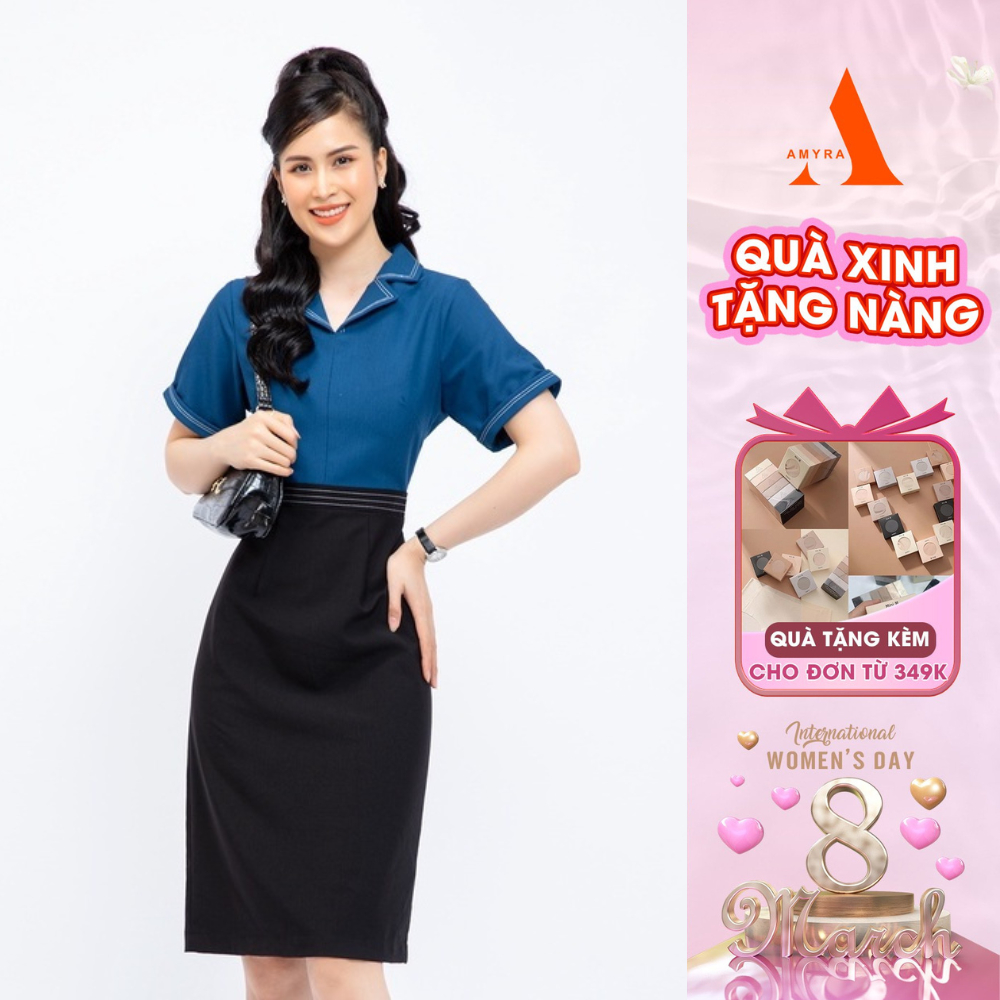 (XÃ KHO) Đầm Body Công Sở Dự Tiệc Sang Trọng Bigsize AMYRA ,Thiết Kế Dáng Ôm Tay Ngắn Cổ Sơ Mi Thanh Lịch Cao Cấp DA137