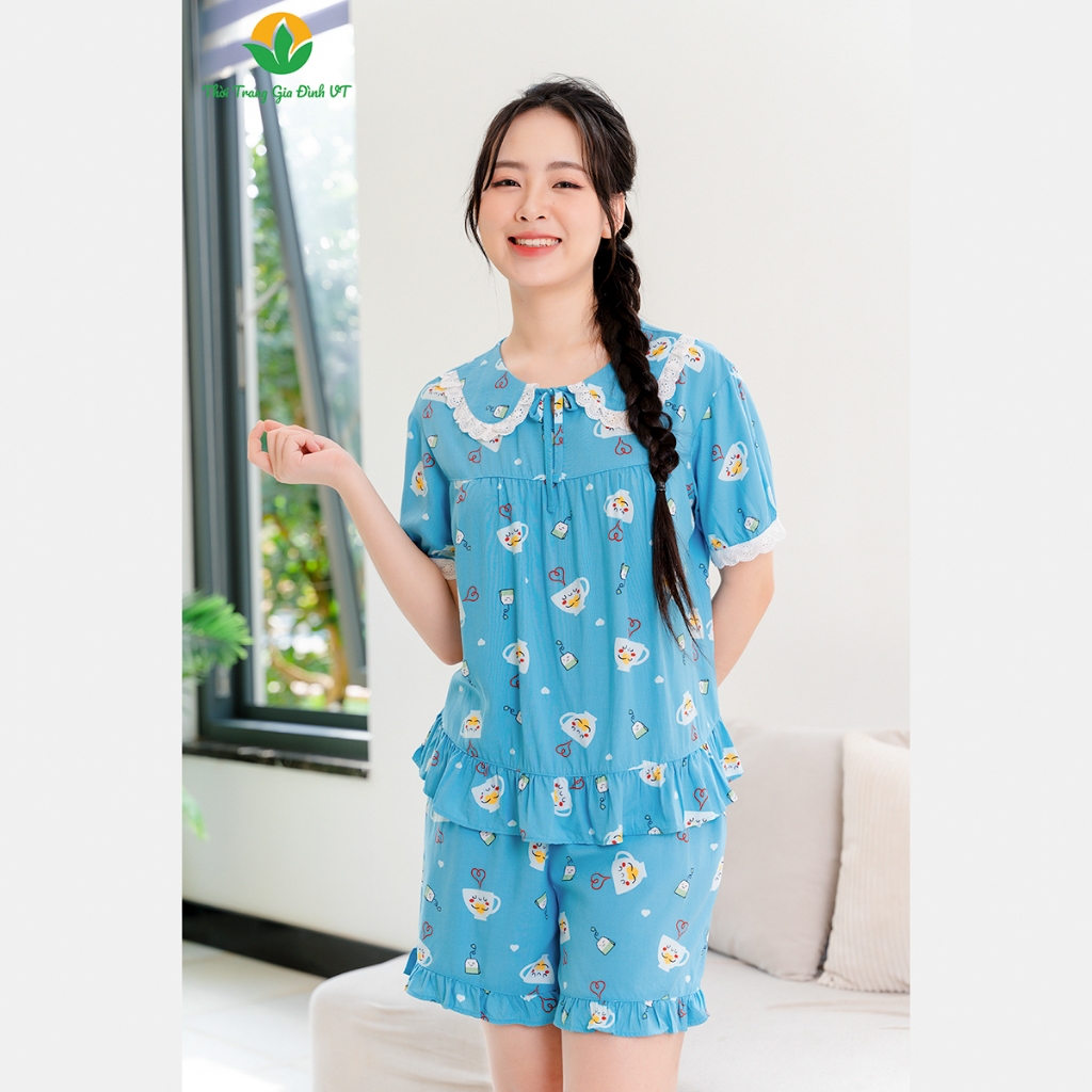 Đồ bộ mặc nhà nữ chất Lanh áo cộc tay quần đùi thời trang Việt Thắng - B03.2402