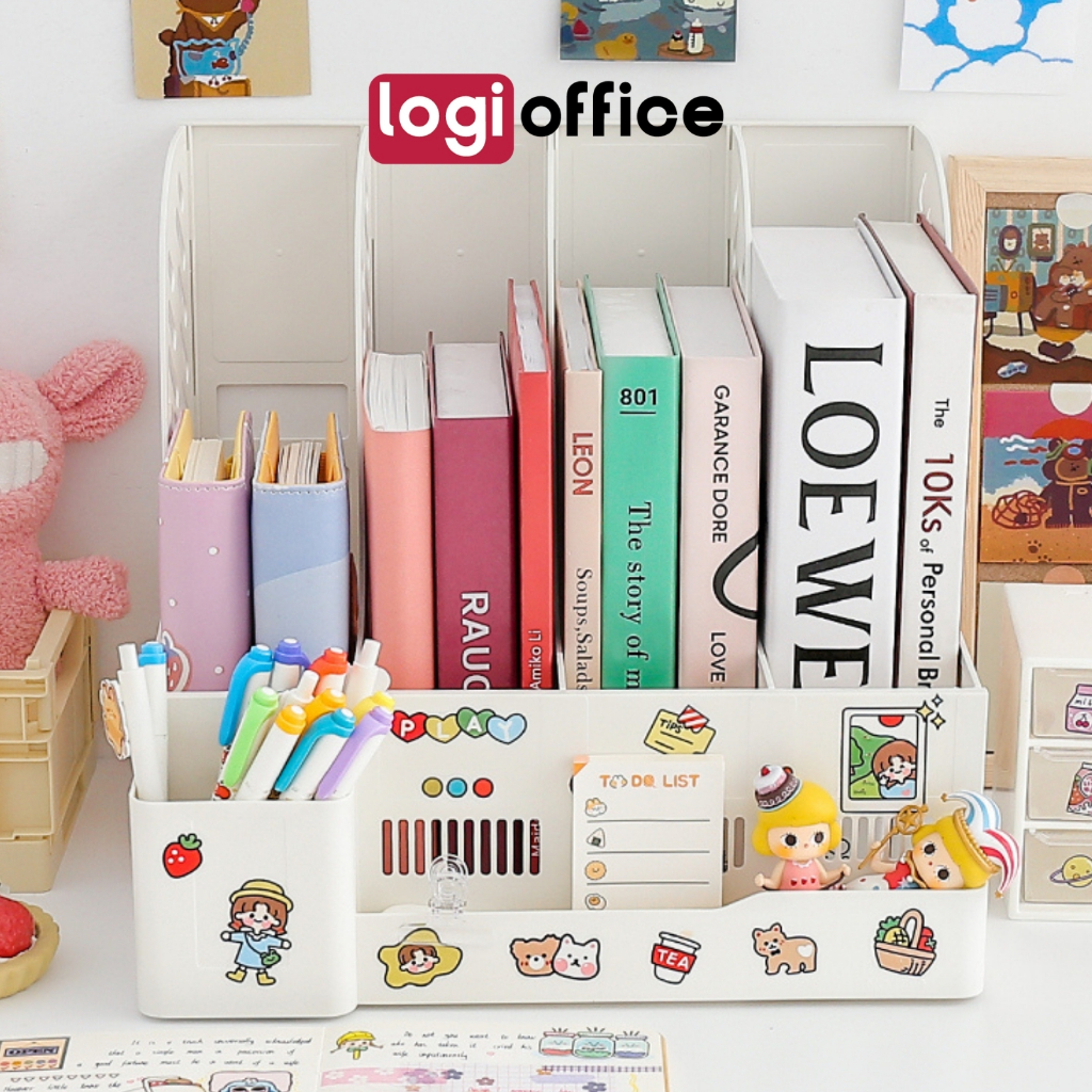 Khay kệ đựng tài liệu LOGi, kệ để bàn 4 ngăn, 4 màu, giá nhựa đựng sách, tài liệu chắc chắn kèm ống đựng bút KS122