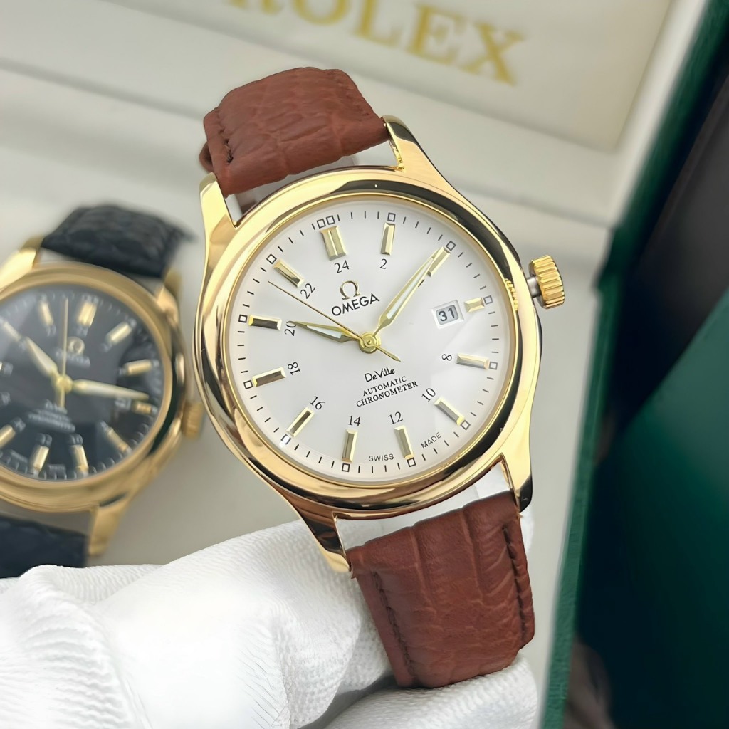 Đồng Hồ Nam Pin Omega Dây Da Bò , Dạ Quang Mặt Kính Chống Xước