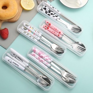Hộp 3 món thìa đũa, muỗng inox tiện lợi văn phòng,bộ thìa đũa dĩa ăn hoa quả , set thìa dĩa đũa cá nhân họa tiết kute