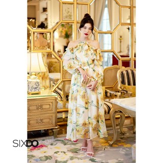 Đầm voan trễ vai cổ yếm hoa poppy SIXDO