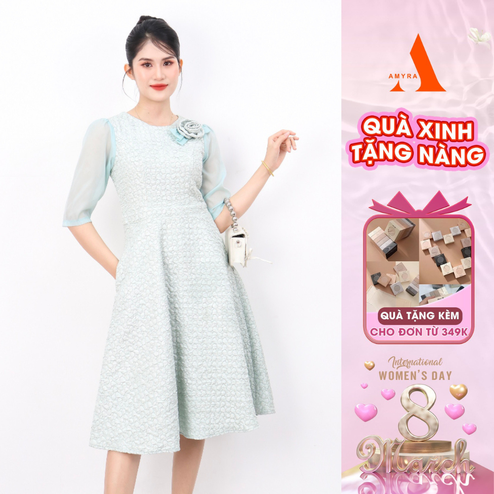 Váy Gấm Vân Nổi Dự Tiệc Sang Trọng Bigsize AMYRA, Thiết Kế Dáng Xòe Đứng Form Tay Lửng Đính Hoa Cao Cấp DA120