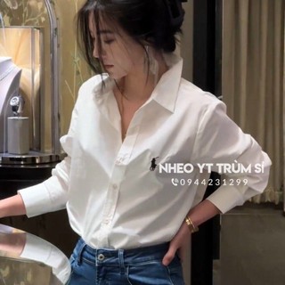 Áo sơ mi nữ, áo sơ mi cổ đức tay dài thêu ngựa màu trắng không lo lỗi mốt