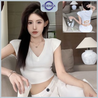 Áo croptop cổ v hở lưng tay hến ôm body gợi cảm đen trắng Ozenka , áo crt thun tăm có độn vai thời trang mặc hè mát lạnh