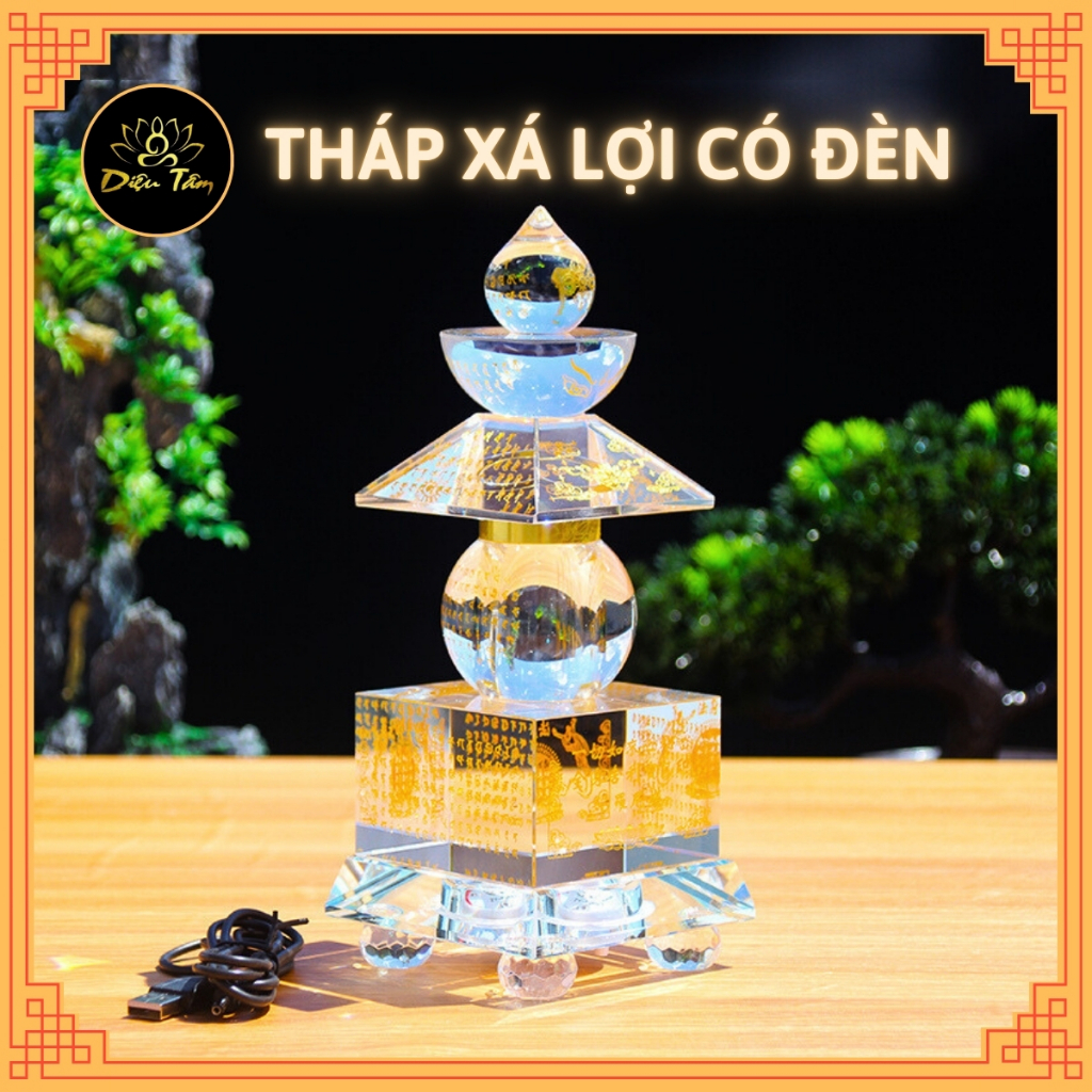 Tháp xá lợi pha lê trắng size to có đế đèn Led đổi màu